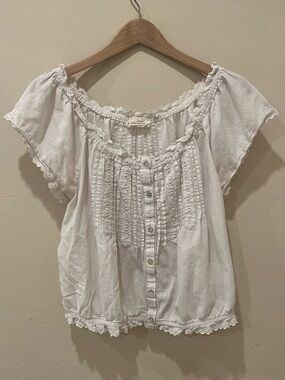 Lucky Brand White Lace-Trim Button Front Blouse